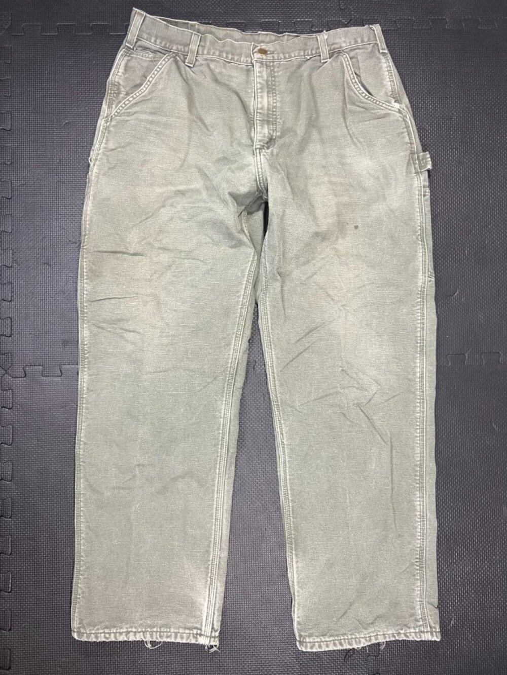 VTG Carhartt mens 38X32 B111 MOS ‘Moss Green’ Flannel-Lined Dungaree Canvas Pant